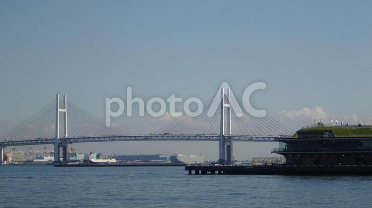 横浜ベイブリッジと大さんばし 横浜ベイブリッジ,大桟橋,みなとみらいの写真素材
