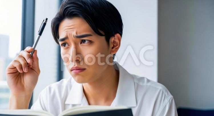 ペンを持ち考え込む若者の勉強シーン 男性,若者,学生の写真素材