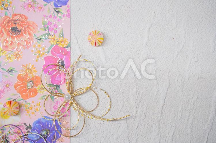 正月　水引とお花の文字入れ背景素材 ひな祭り,ひなまつり,正月イメージの写真素材