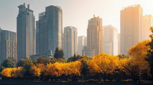 秋のビジネス街シルエットと紅葉 秋のビジネス街シルエットと紅葉の写真