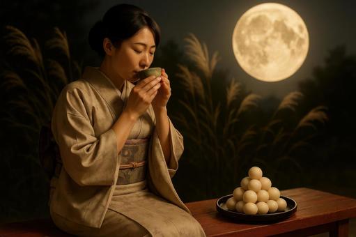 縁台に座ってお茶を飲む女性 縁台に座ってお茶を飲む女性の写真