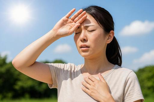 夏の炎天下で熱中症に苦しむ女性・日差し 夏の炎天下で熱中症に苦しむ女性・日差しの写真