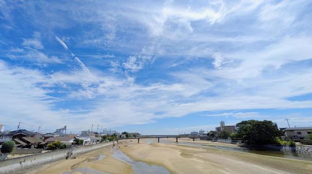 Photo, aosha river, imabari city, blue sky, 
