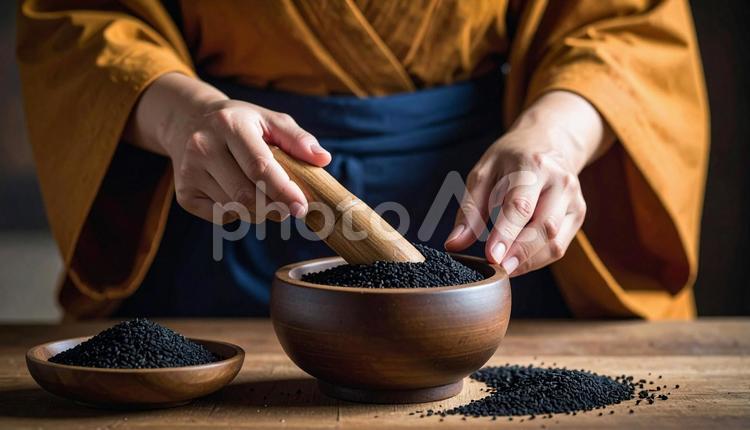 黒ゴマをする僧侶の男性の手もと 黒ゴマ,僧侶,ごますりの写真素材