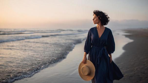 麦わら帽子を手に、穏やかな海辺を歩く女性の写真