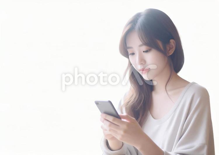 【透過】明るい自然光の中スマホを見る女性 女性,スマホ,ポートレートの写真素材