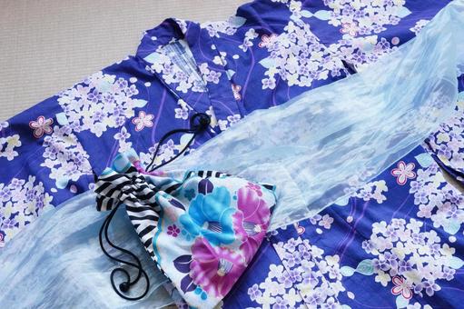 Hydrangea patterned yukata, organza obi and drawstring bag, yukata, yukata, festival, JPG
