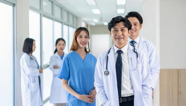 病院で働く日本人男女の医療スタッフ 病院で働く日本人男女の医療スタッフの写真