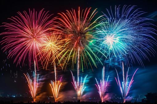 色とりどりの花火が輝く夏の夜 色とりどりの花火が輝く夏の夜の写真