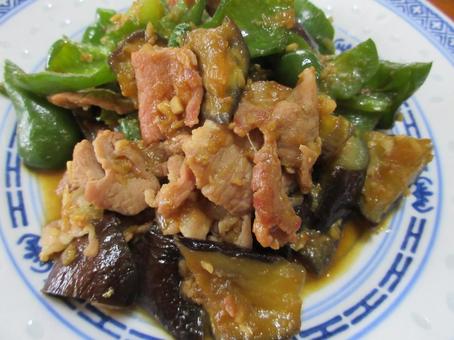 Eggplant, green peppers and pork stir-fried with miso, JPG
