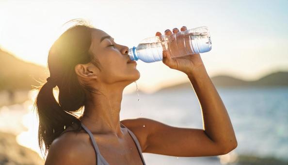 ペットボトルの水を飲む女性 ペットボトルの水を飲む女性の写真