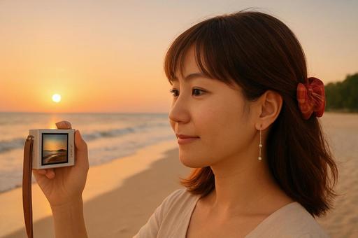 夕焼けを撮る女性 夕焼けを撮る女性の写真