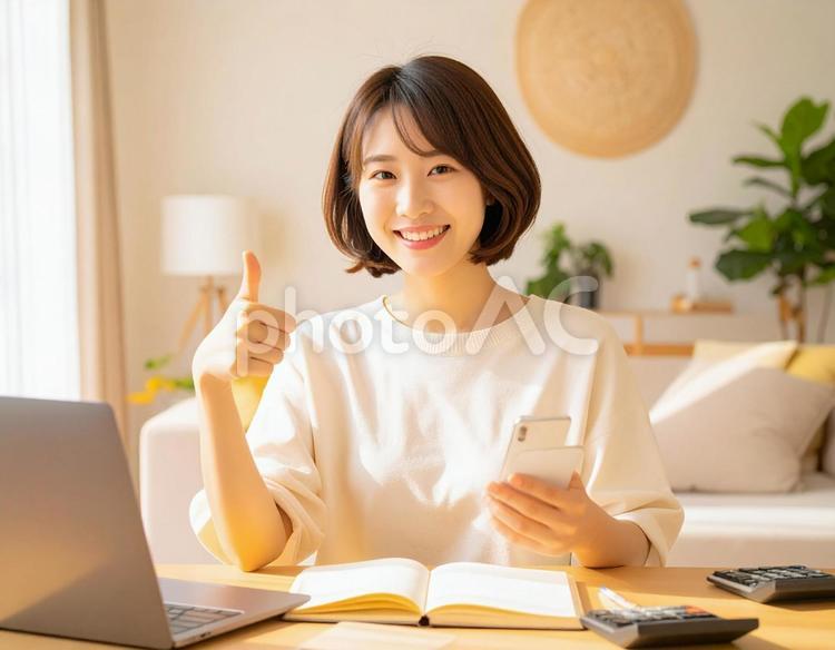 家計がうまくいきスマホ片手に微笑む女性 パソコン,家計簿,節約の写真素材