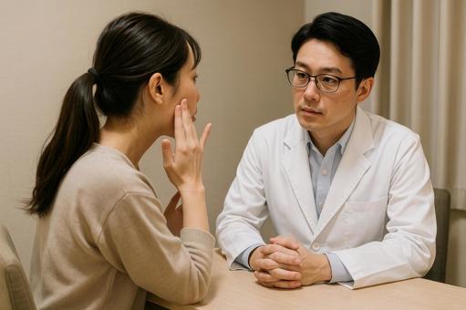 顔の悩みを相談する日本人女性 顔の悩みを相談する日本人女性の写真