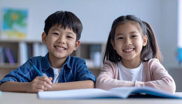 学校の教室で勉強している小学生2人 学校の教室で勉強している小学生2人の写真