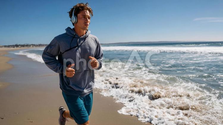 海辺を走るヘッドホン姿の男性 ジョギング,男性,ビーチの写真素材