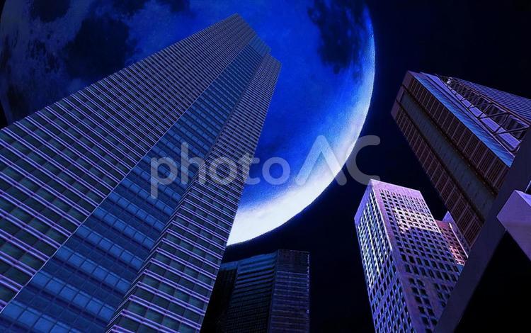 月夜のビル街・イメージ ビル街,月夜,満月の写真素材