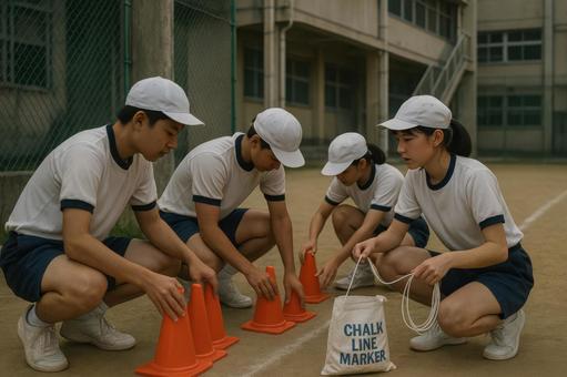 校庭の片隅で準備をする係の中学生 校庭の片隅で準備をする係の中学生の写真