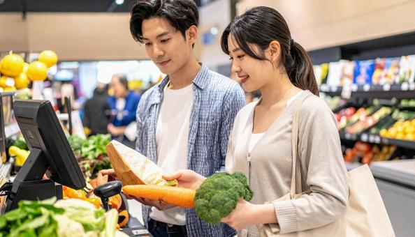 スーパーでセルフレジを使う若い日本人夫婦 スーパーでセルフレジを使う若い日本人夫婦の写真