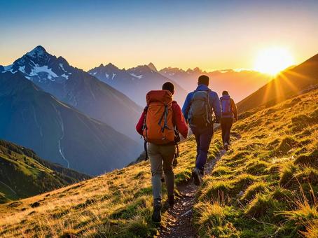 夕方に登山している3人組 夕方に登山している3人組の写真
