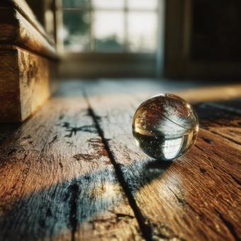 木の床に置かれた光を反射するガラス玉 木の床に置かれた光を反射するガラス玉の写真