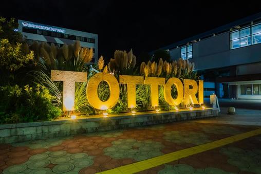【鳥取】夜の鳥取駅周辺のモニュメント 鳥取駅,夜,ライトアップの写真素材