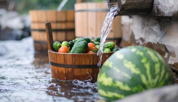 山に流れる水で夏野菜を冷やす 山に流れる水で夏野菜を冷やすの写真
