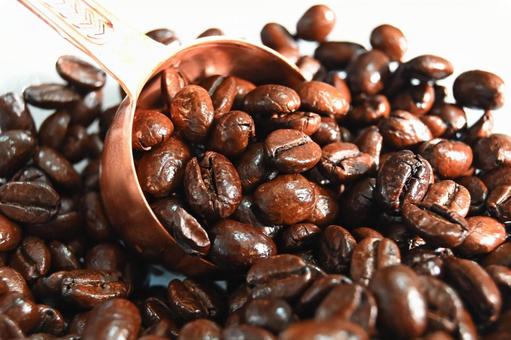 コーヒー豆 と 計量スプーン コーヒー豆 と 計量スプーンの写真