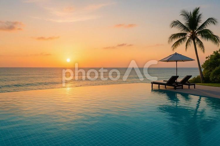 夕暮れの海辺インフィニティプール プール,インフィニティプール,海の写真素材