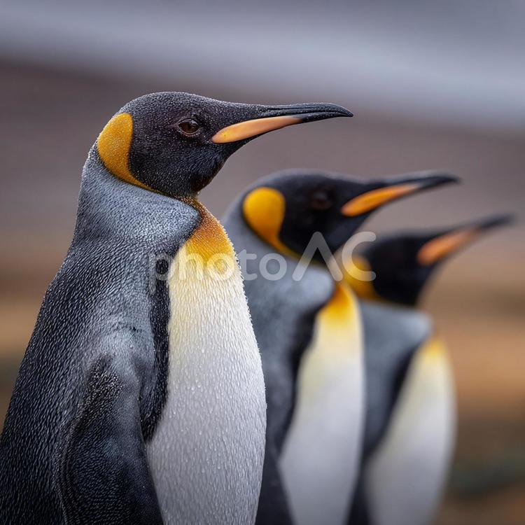三羽のキングペンギンのポートレート キングペンギン,ペンギン,鳥の写真素材