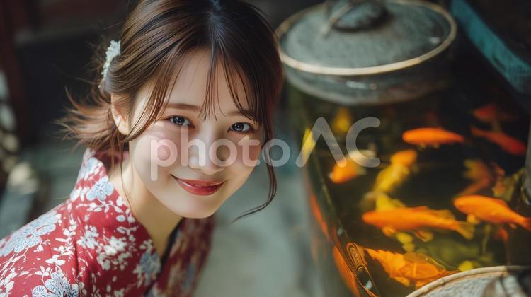 夏祭りの金魚を見て楽しむ浴衣を着た女性 夏祭り,浴衣,金魚の写真素材