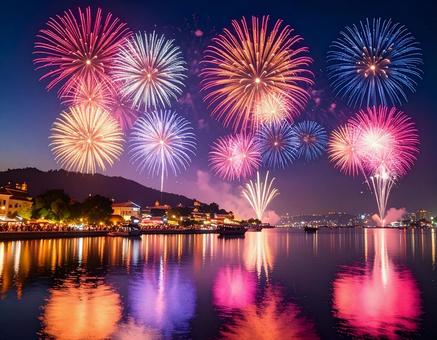 夜空に打ち上がるカラフルな花火 夜空に打ち上がるカラフルな花火の写真