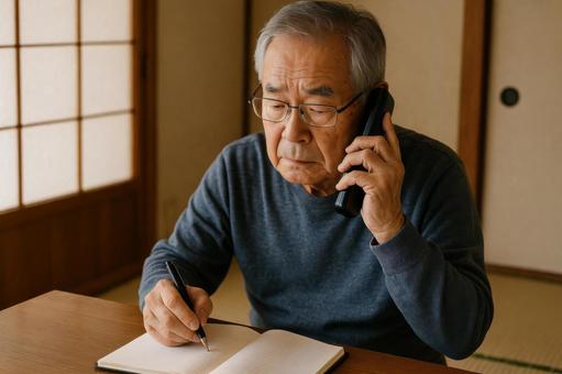 被害防止でメモ取る高齢者 被害防止でメモ取る高齢者の写真