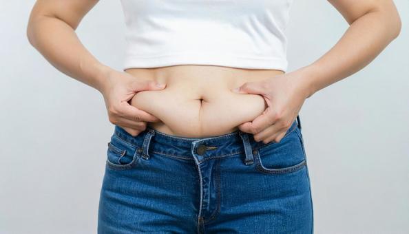 お腹の贅肉をつまむ太った日本人女性の手 お腹の贅肉をつまむ太った日本人女性の手の写真
