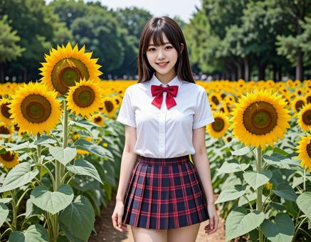 向日葵に囲まれて 向日葵に囲まれての写真