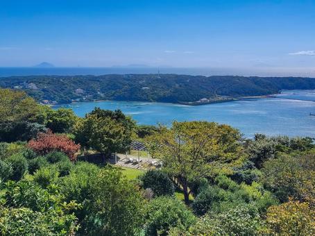 伊豆下田寝姿山から見る伊豆諸島と須崎半島 下田,下田港,下田湾の写真素材