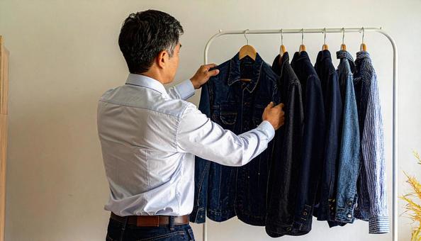 ハンガーにかかる私服を取るビジネスマン ハンガーにかかる私服を取るビジネスマンの写真