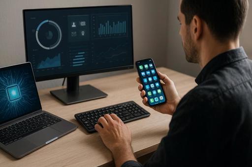 スマホ操作する男性の作業環境 スマホ操作する男性の作業環境の写真