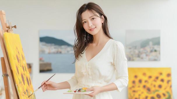 ひまわりの油絵を描く女性 ひまわりの油絵を描く女性の写真
