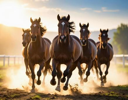 午年フォト・朝日を背に走る馬たち 午年フォト・朝日を背に走る馬たちの写真