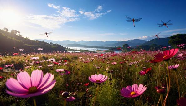 コスモスと赤トンボの写真