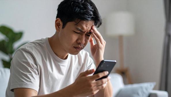 スマホを見て悩む男性のストレス表現 スマホを見て悩む男性のストレス表現の写真