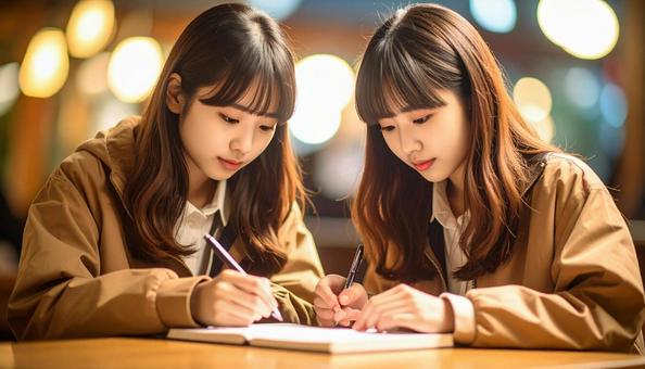 メモ帳を用いて筆談をする若い女性の友人 メモ帳を用いて筆談をする若い女性の友人の写真
