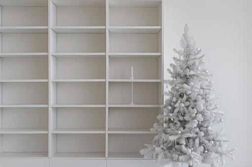 White bookshelf and Christmas tree, bookshelf, white, white, JPG