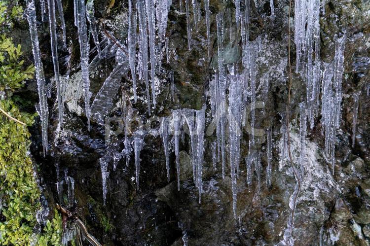 凍り付いた小さな滝 氷柱,雪の風景,ツララの写真素材