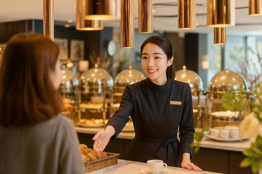 ビュッフェで働く女性スタッフ ビュッフェで働く女性スタッフの写真