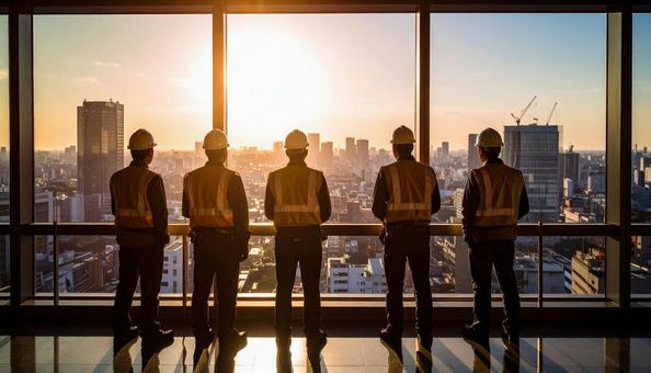 窓から街を見つめる建設作業員 窓から街を見つめる建設作業員の写真