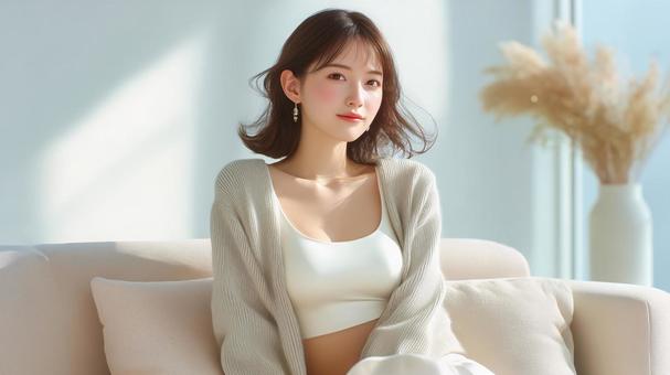 ソファーに座りくつろぐ女性の写真