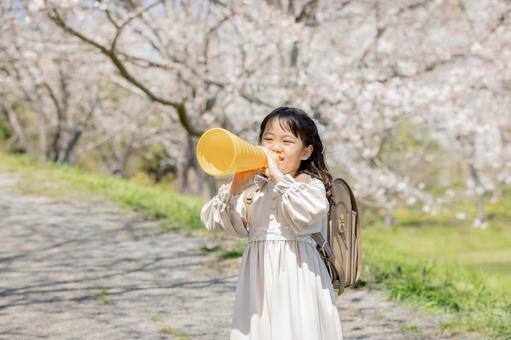 応援する可愛い新一年生 応援する可愛い新一年生 新一年生,一年生,メガホンの写真素材