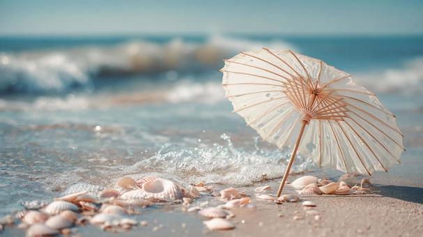 夏の海と波打ち際に映える白い和傘と貝殻 夏の海と波打ち際に映える白い和傘と貝殻の写真